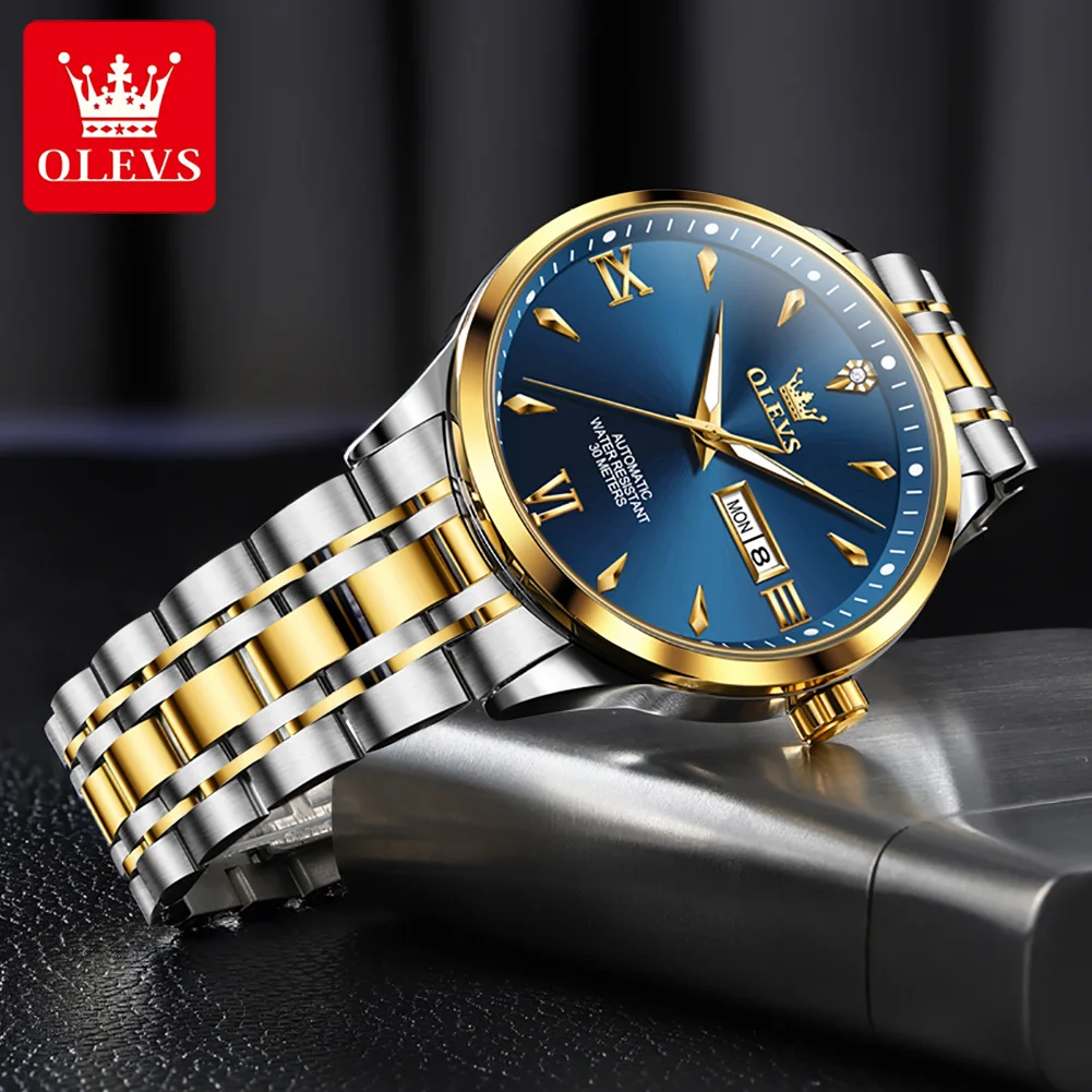 OLEVS 9956 Mens Watch Luxury Original Stainless Steel Automatic Mechanical Watch Waterproof Week Date Watches For Man Gifts
