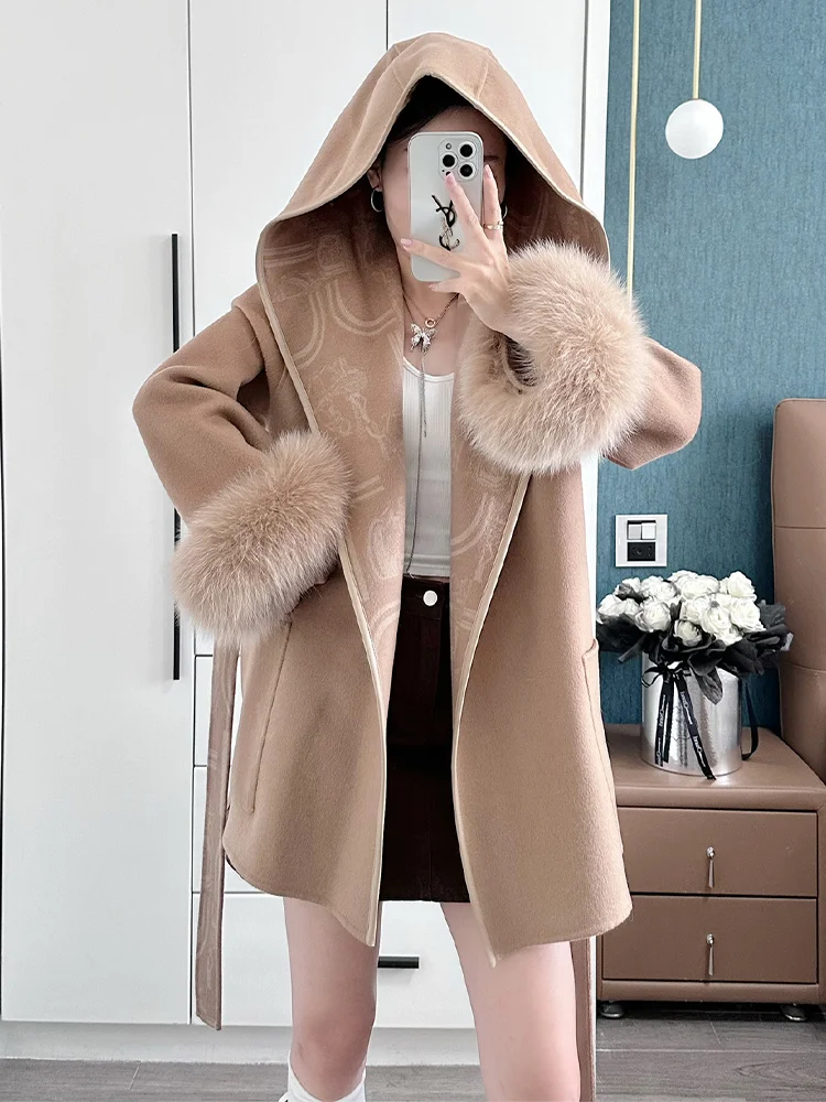 Fashion New Winter Woolen Jacket Women Natural Real Fox Fur Cuffs Thick Warm Wool Cardigan Coat Luxury Streetwear Outwear