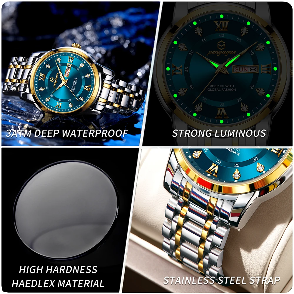 2024 novo relógio de luxo para o homem elegante data semana à prova dwaterproof água luminosa relógio masculino quartzo aço inoxidável esportes relógios reloj