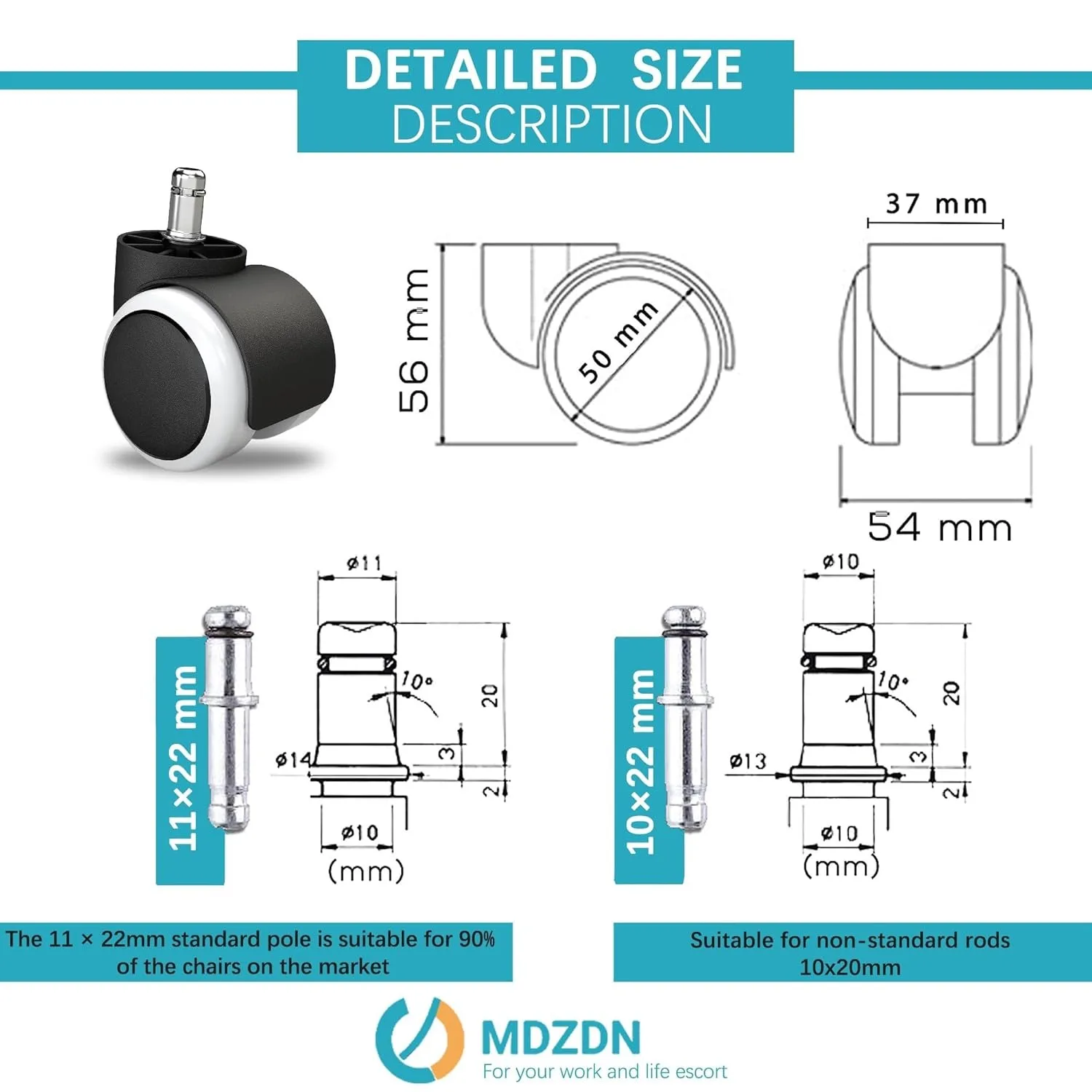 Hot 5 Pcs Universal Caster Office Chair Furniture Caster 360 Degree Chair Wheel Black&White Diameter 50mm