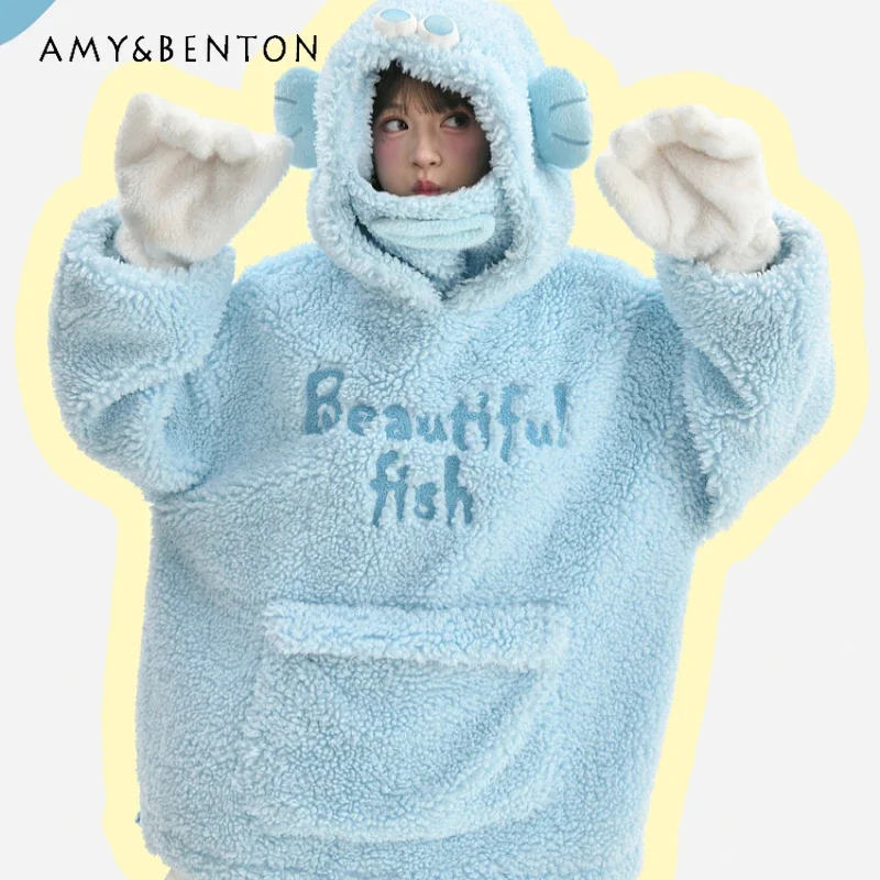 2024 New Autumn and Winter Original Cartoon Cute Little Fish Three-dimensional Modeling Fleece Shirt Funny Sweater For Women