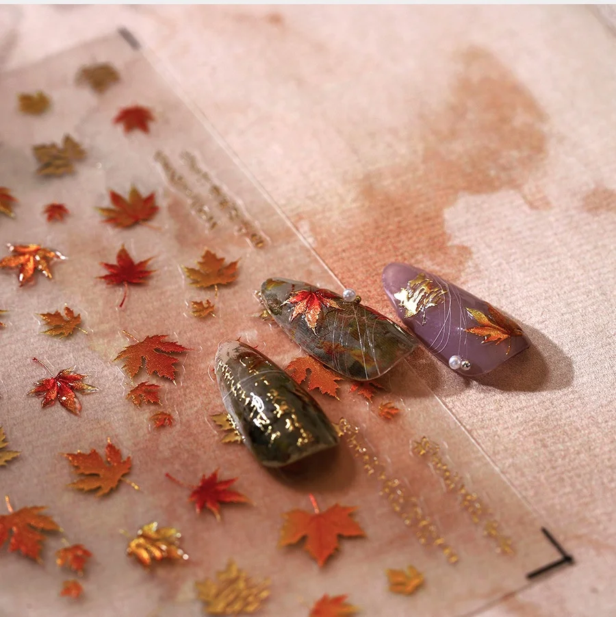 1pc 5D Gelatina Autunno Maple Leaf Story Nail Art Adesivi Rilievo Lucido D'oro Arce Decalcomanie Per Unghie Splendido Ornamento Fornitore di Manicure
