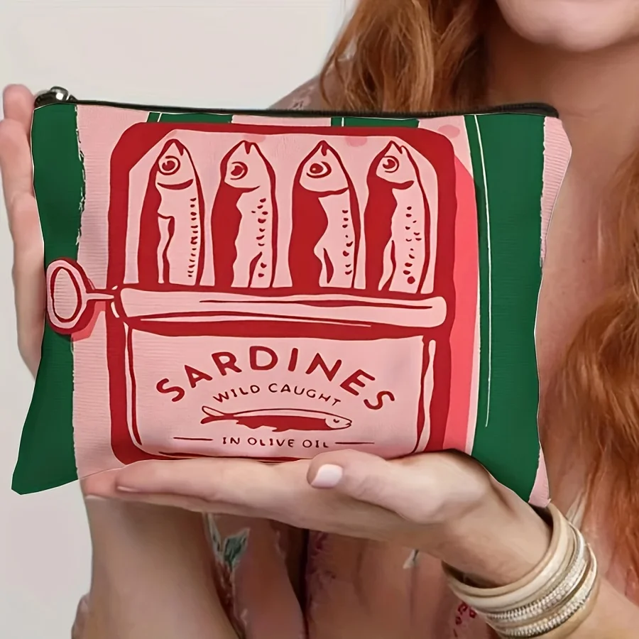Stylish SardineThemed Makeup Bag with Zipper LightweightFoldable Travel Cosmetic and Toiletry Organizer Illustrated Sardines Bag
