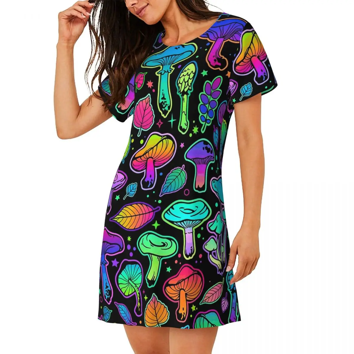 Custom Psychedelic Magic Rainbow Mushrooms Short Sleeves Nightdress For Sleeping Women Short Sleeve Nightgowns Pajama Dress