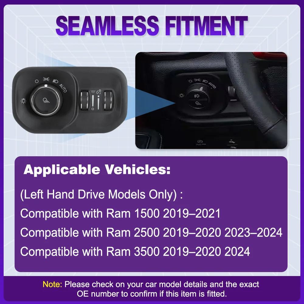 مفتاح التحكم في المصباح مع وظيفة تلقائية لـ Ram 1500 2500 3500 2019 2020 2021 2022 2023 2024 68401933AA 68401933AB