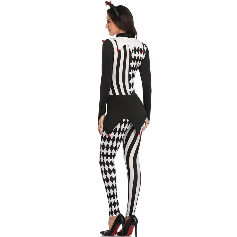 Women Killer Clown Costume Adult Cosplay Terror Clown Jumpsuits Halloween Funny Scary Clothing White Black Stripe Clown Outfits