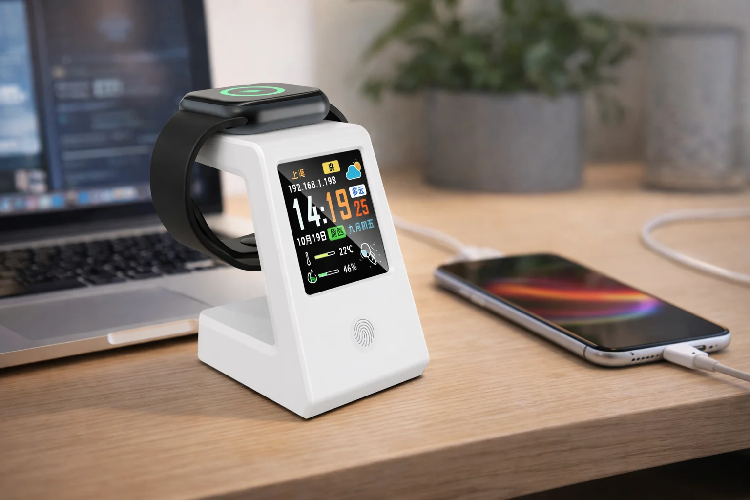Smart WiFi Weather Clock with Wireless Charging, Digital Desk Clock, Real-Time Weather Display, Touch Control, Multi Themes, Ele