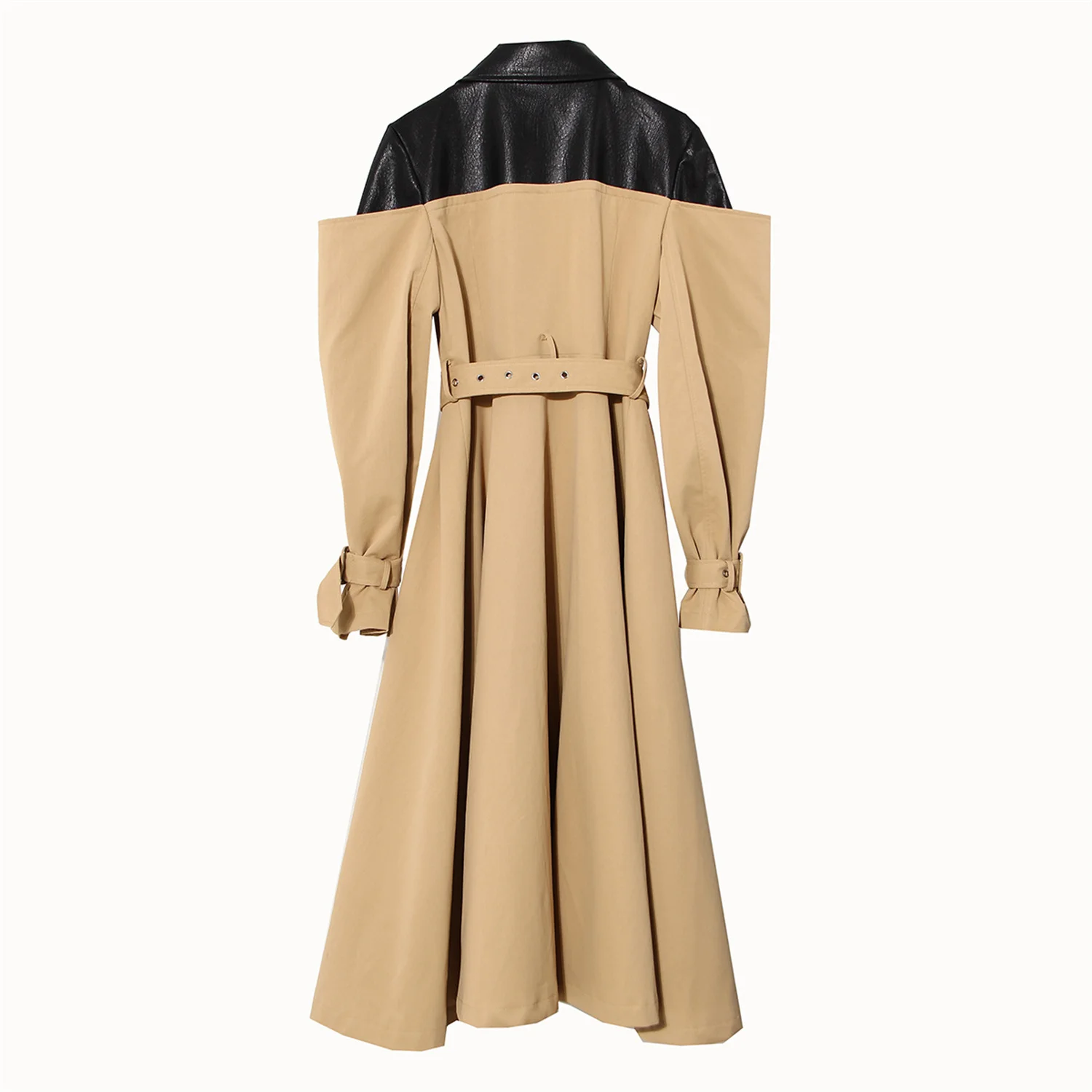 Patchwork Long Coat, PU Neckline Women\'s Long Jacket, Autumn Khaki Coats With Belt For Women New Fashion High Quality Outfit