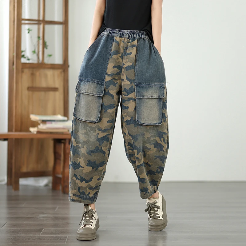

6759 винтажные джинсовые брюки с камуфляжным принтом для женщин, весенне-осенняя модная свободная уличная одежда в стиле американского Astyle с большими карманами в стиле хип-хоп