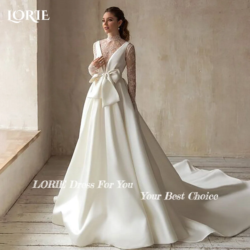 

LORIE Bow Women's Wedding Dress Lace Backless A-line Bride Gowns High Collar Simple White Bride Party Dresses vestidos de novia