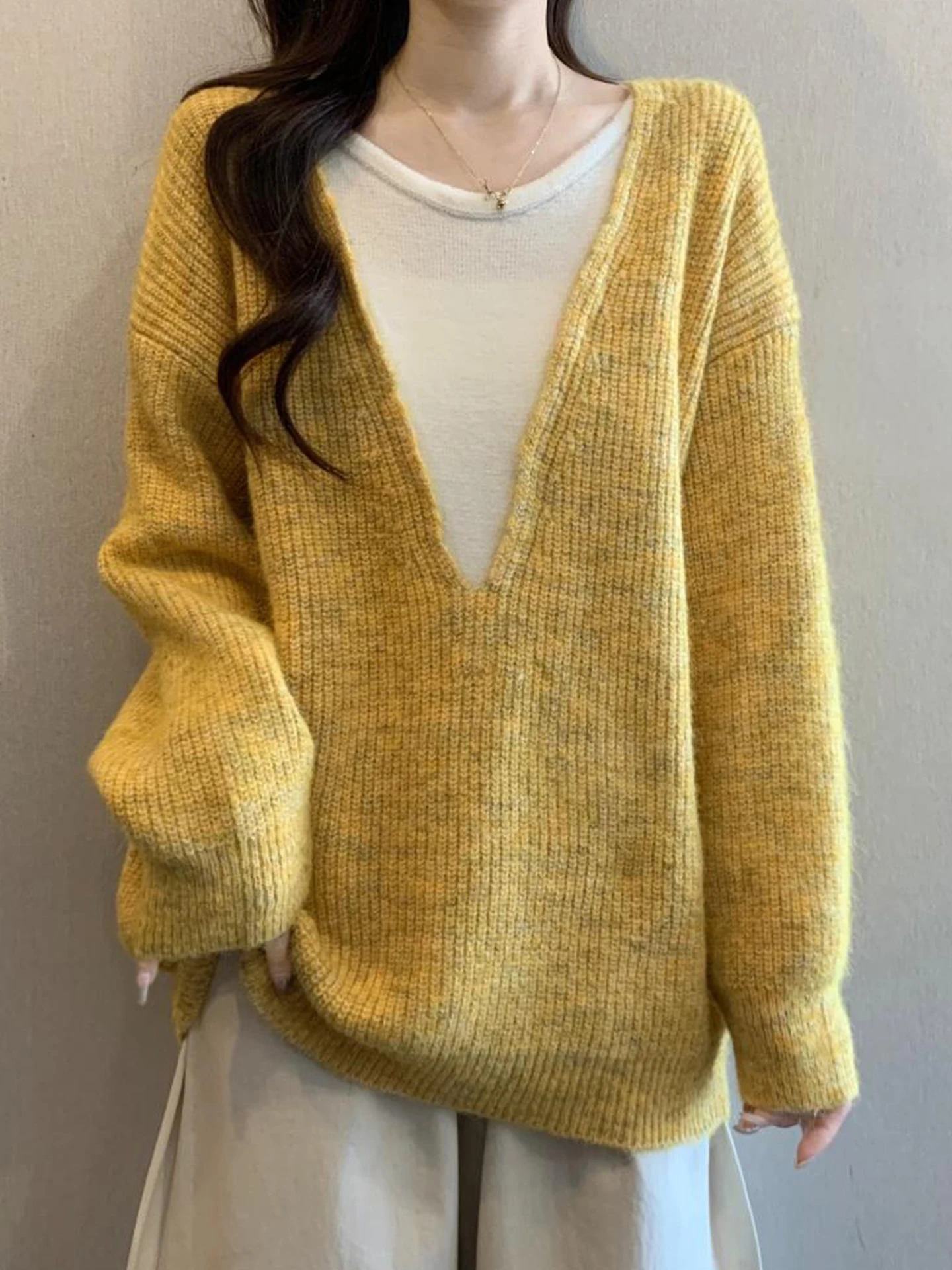 

Loose Yellow Knitted Sweater Women's Korean Sle Autumn Winter plus Size Casual Inner Wear Fake Two-Piece Slimming Top