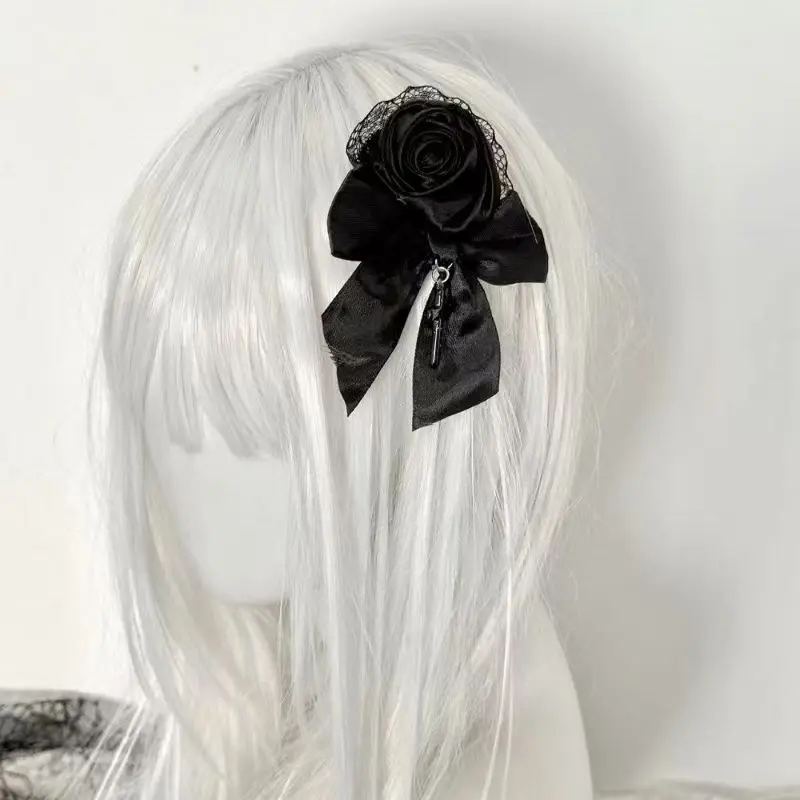 Y2K 걸스 블랙 레이스 새틴 보우 헤어 클립 손수 머리핀 고딕 다크 크로스 헤어웨어 크리스마스 선물 카와이 액세서리