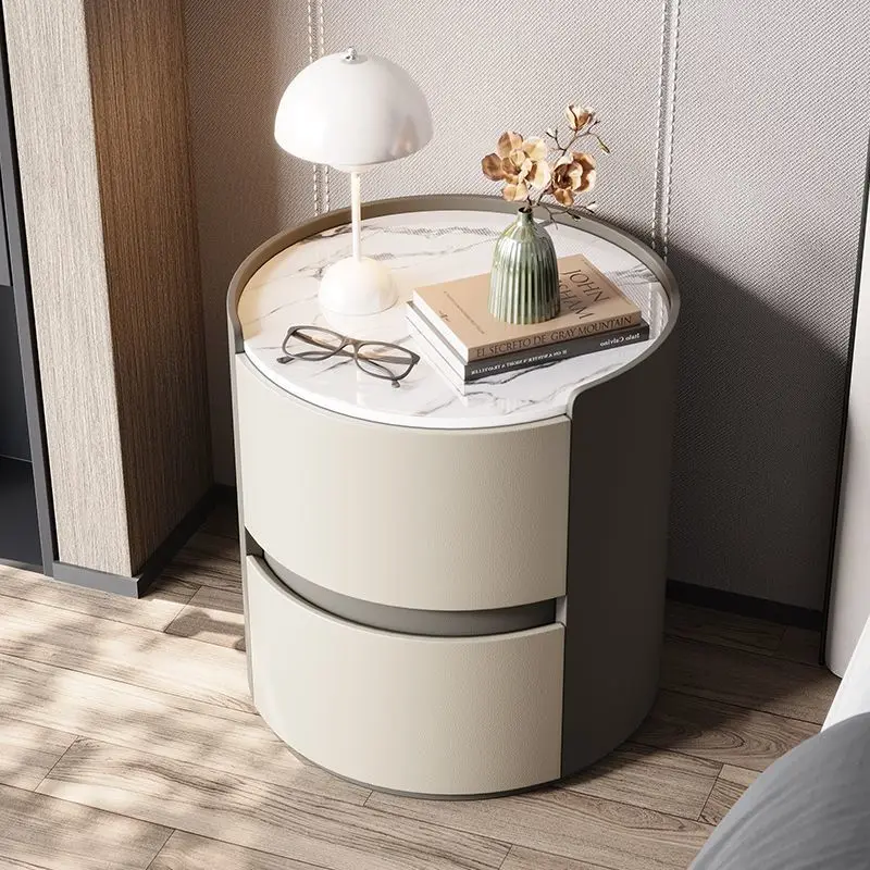 Round bedside table Italian minimalist light luxury rock slab bedside table advanced simple modern solid wood bedroom storage