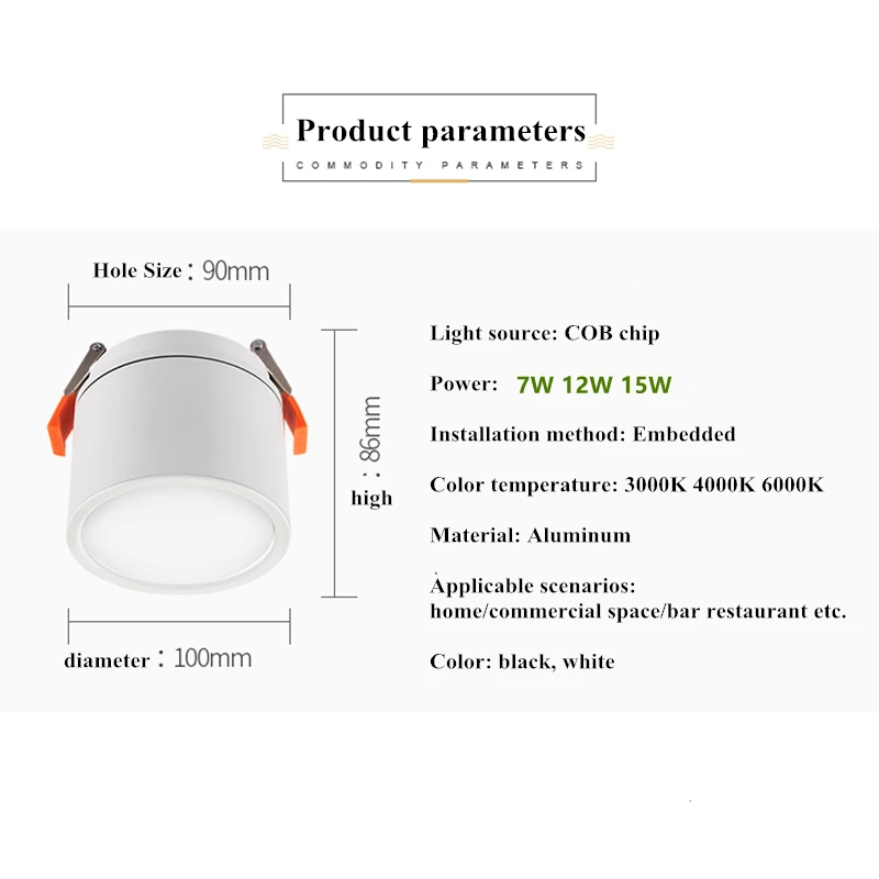 Luz de techo empotrada regulable, 7W, 12W, 15W, AC85V-285V, foco LED montado en superficie