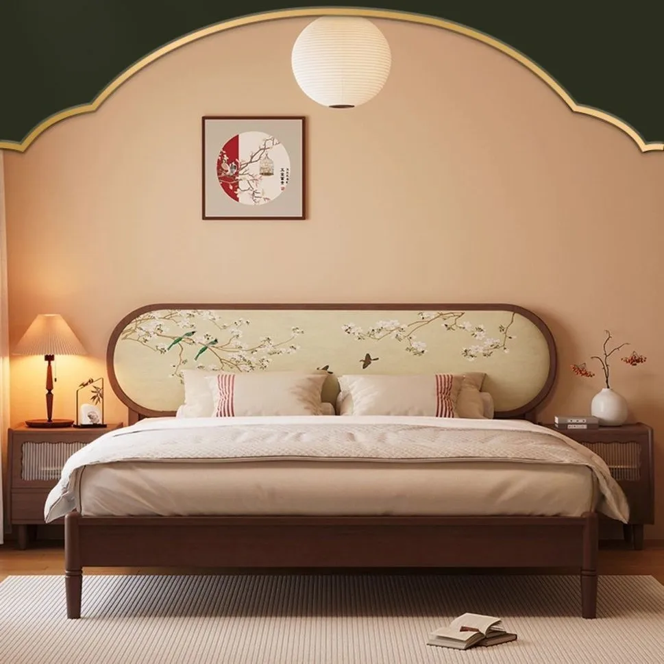 New Chinese Retro Solid Wood Double Bed Household Bedroom 1.5 Meters 1.8 Meters Soft Bag B & B Hotel Wooden Bed Frame