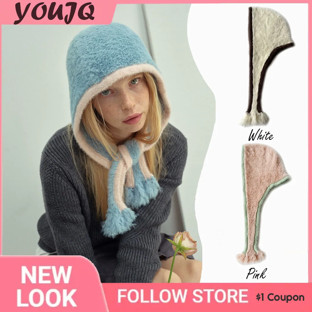 Y2K Homemade Beanie Women Warm Soft Imitation Mink Wool Cap Knit Hat Pile Caps Men Ear Protection Tie Pullover Hat Gorro Bonnet