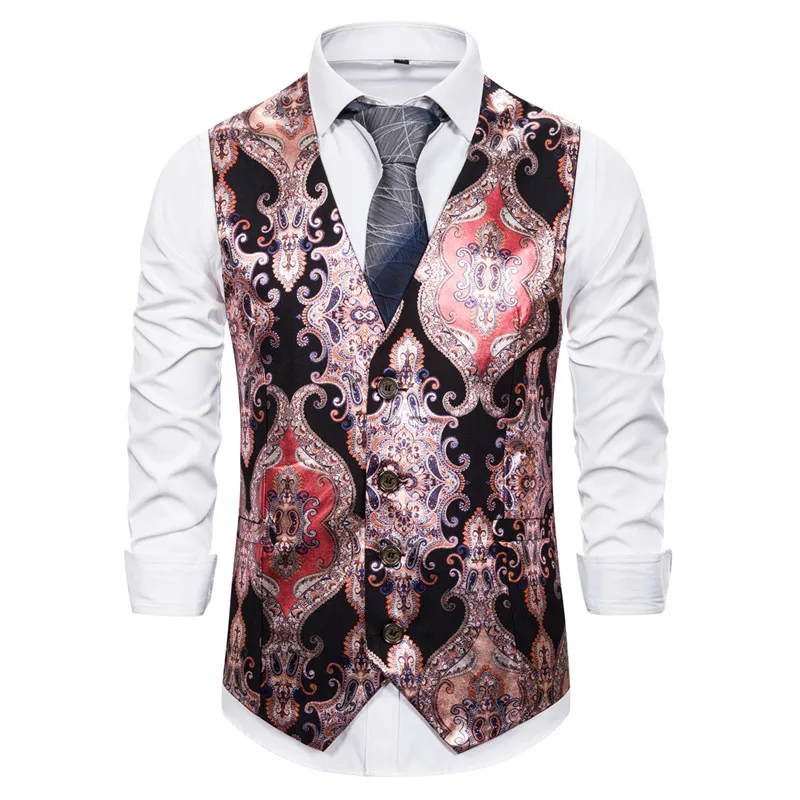 Steampunk Men Suit Waistcoat Luxury Brand Palace Style Floral Print Night Club Prom Slim Wedding Formal Vest Gilet Costume Homme