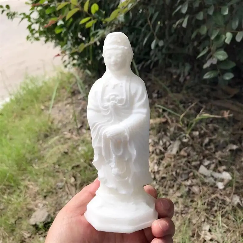 Natural White Marble Jade Carved Guanyin Buddha Fengshui Crystal Statue Craft For Home Decoration Healing Reiki Gift