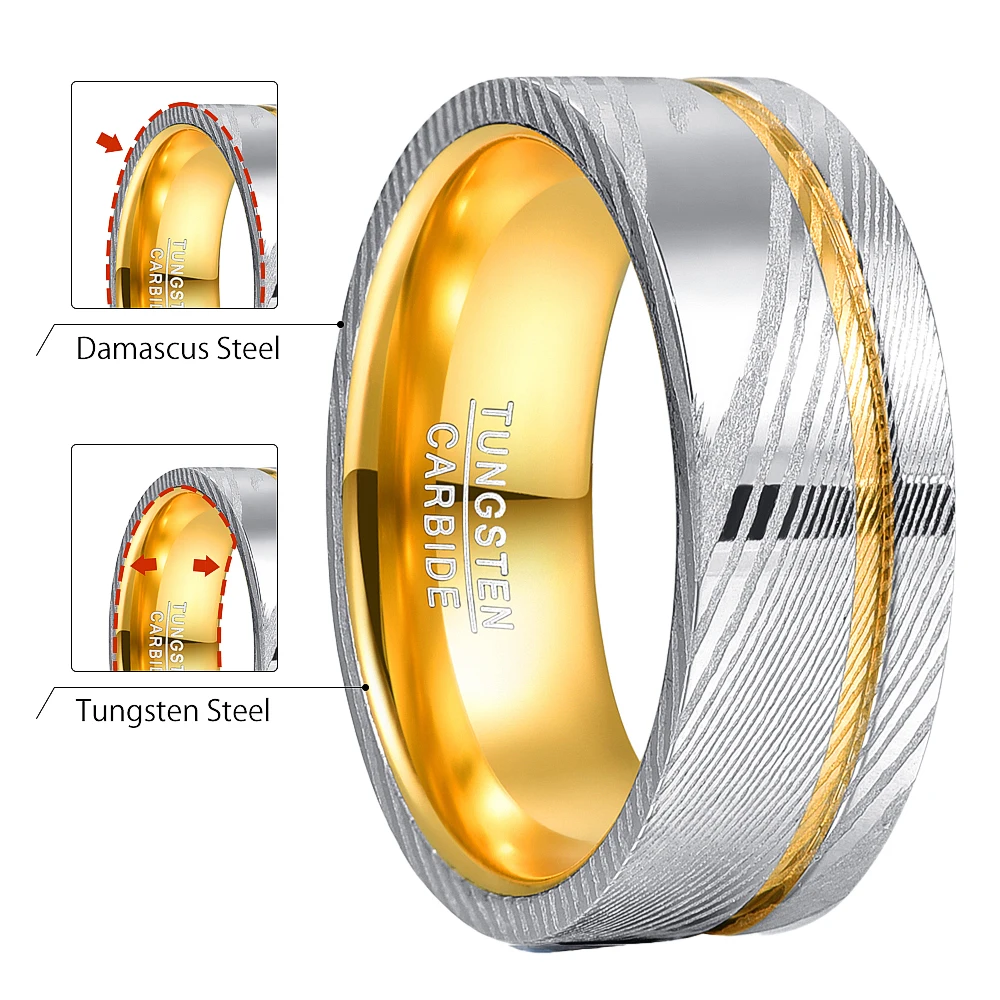 BONLAVIE 8mm Gold Color Inner Damascus Steel Outer Tungsten Steel Ring Men's Fashion Wedding Jewelry Men's Best Gift Size 7-12