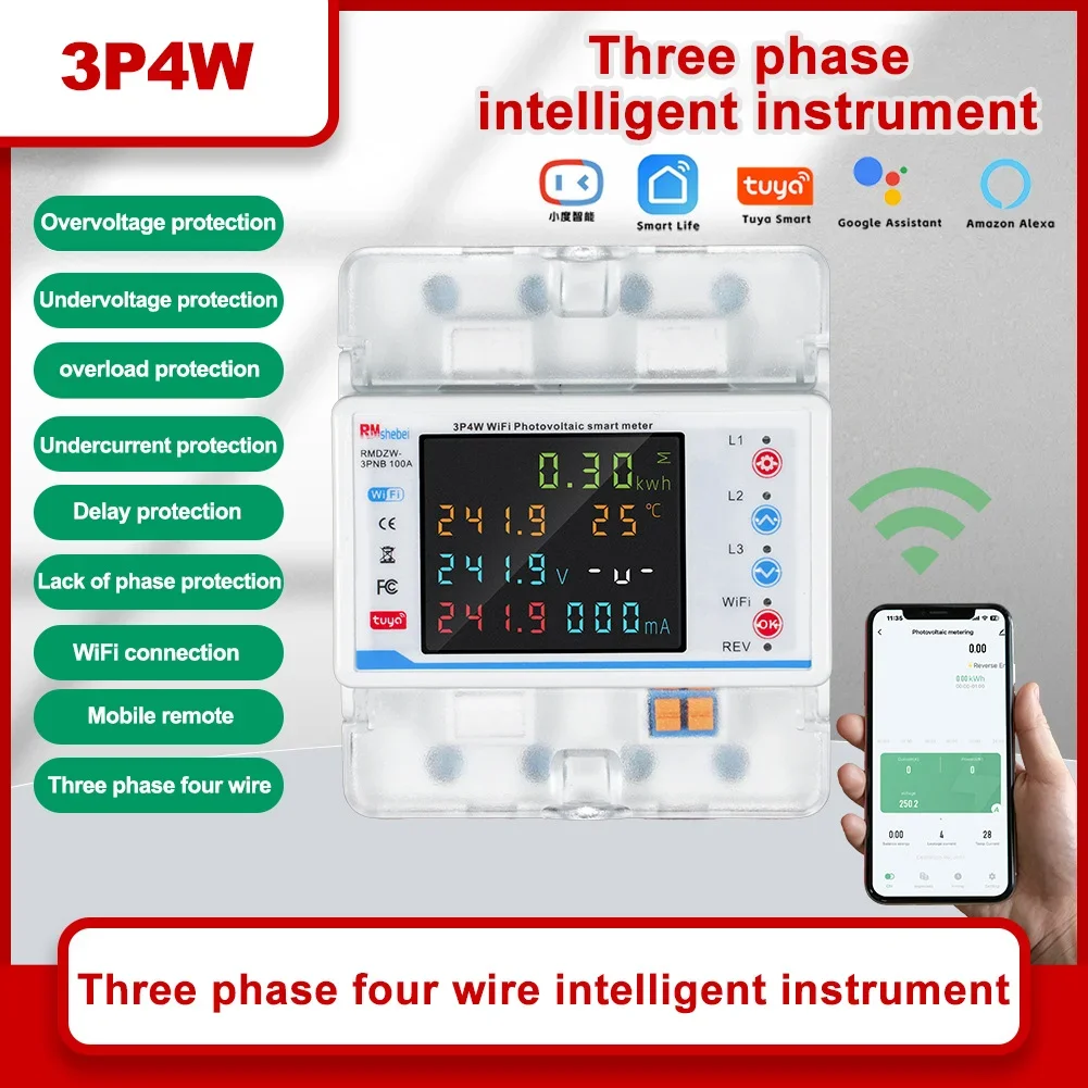 WiFi Smart Circuit Breaker Three Phase Reclosing Switch Protector Remote Control Over Under Voltage Protector Energy Meter 3P4W