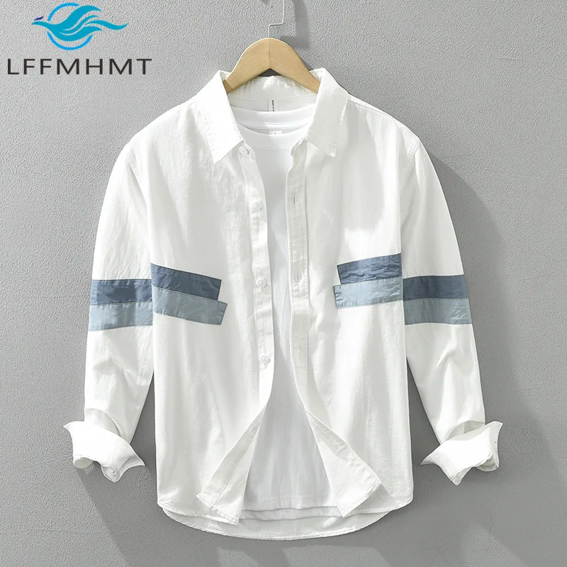 

6966 Japan Style Fresh Patchwork Long Sleeve Shirt Men Spring Fall Fashion Loose Casual Lapel Blouse Good Quality 100% Cotton