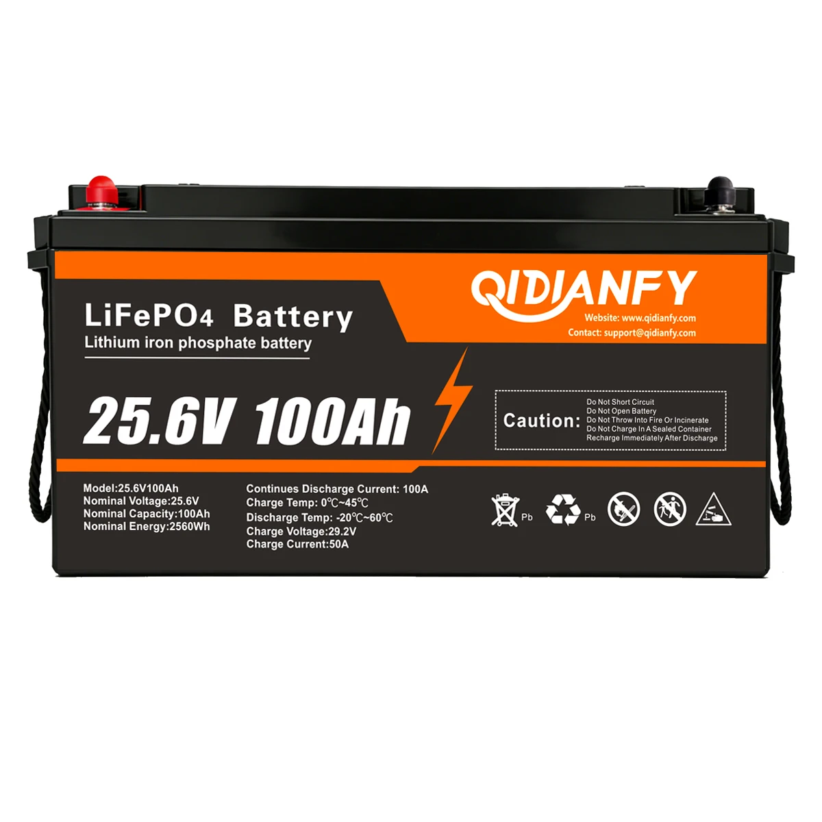 Qidianfy 24V 100Ah LiFePO4 Lithium Battery Built-in 100A BMS 2560W Deep Cycles for RV Camping Motorcycle Backup Power Off-Grid