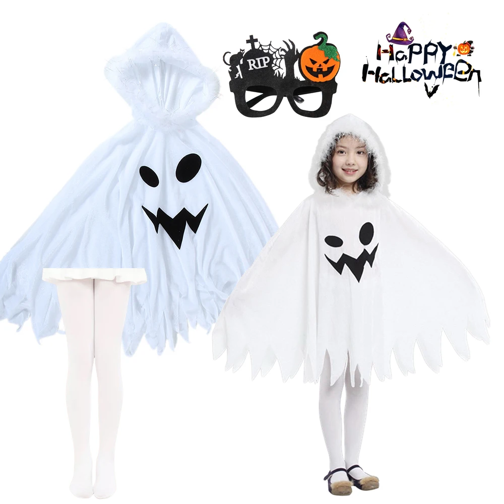 Weißer Geisterumhang für Kinder mit Kapuze, gruseligem Gesichtsdruck und gezacktem Saum für Halloween, Karneval, Cosplay und Themenpartys – Detail 1