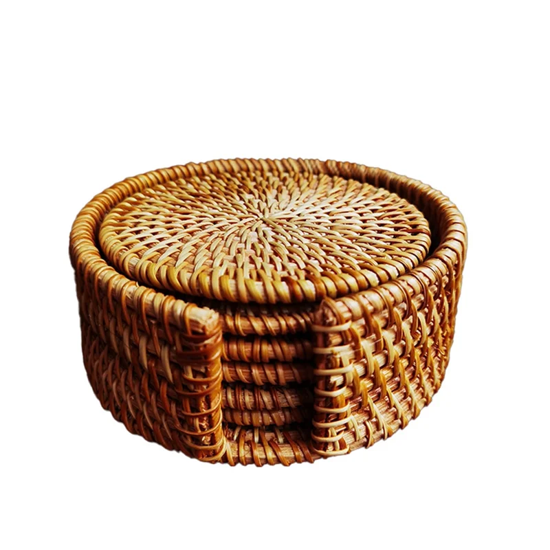 AA80-6 Pezzi Set Di Sottobicchiere Da Tè In Rattan Cerimonia del Tè Portavasi Ciotola In Rattan Pad Pentola Marrone Giallo
