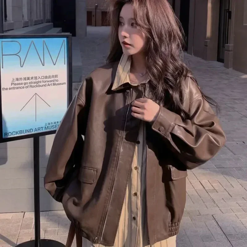 Gidyq-Chaqueta Vintage de Pu para mujer, ropa de calle de moda americana negra, abrigo de gran tamaño, chaqueta informal holgada de cuero sintético