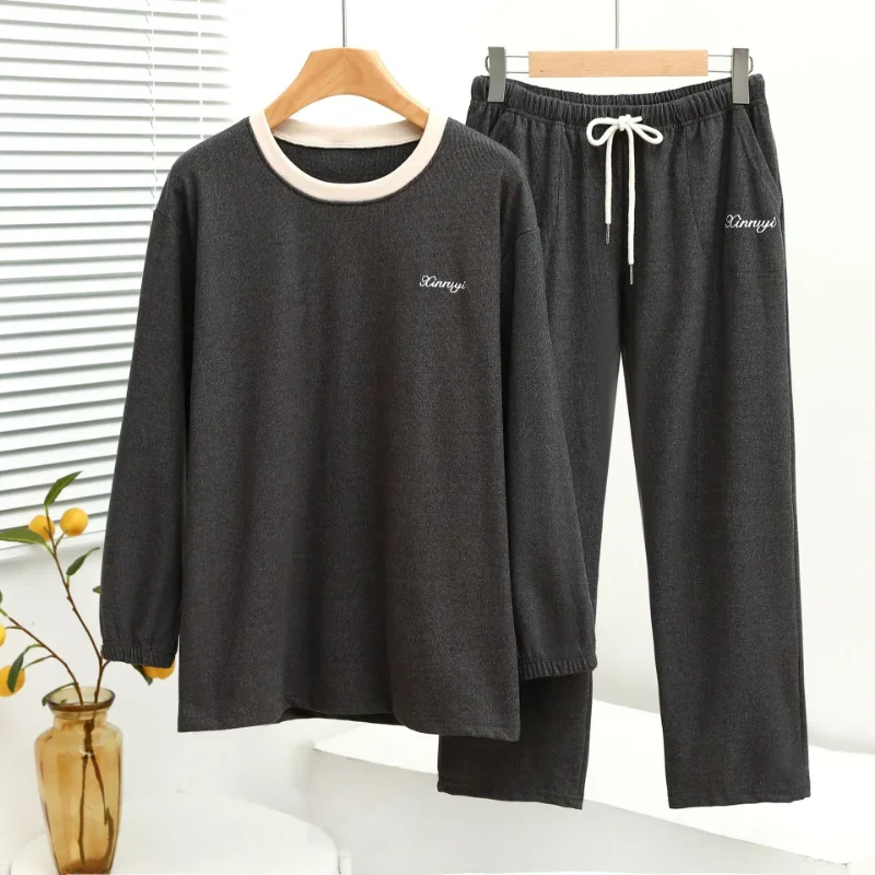 Winter Women Home Clothes Pajamas Toothpick Strips Velvet Round Neck Contrast Deep Pocket Long 2-piece Set Sleep Wear Sleepwear