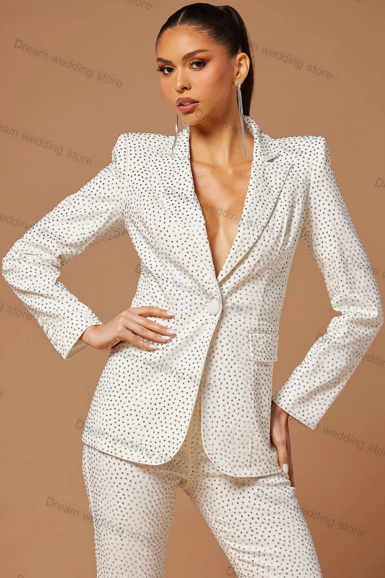 Designer Crystals White Women Suits Pants Set 2 Pcs Blazer+Trousers Prom Dress Wedding Guest Tuxedos Formal Office Lady Jacket