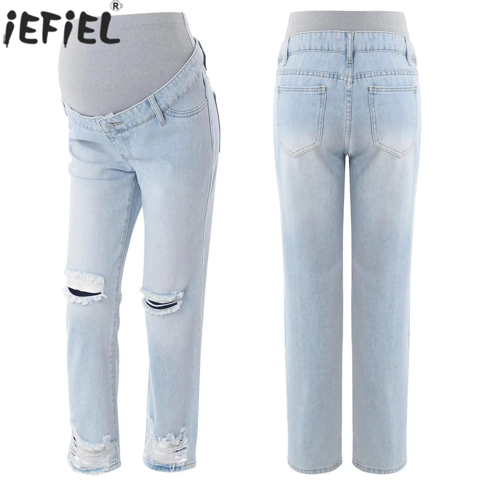 

Maternity Loose Ripped Jeans High Waist Straight Leg Over Belly Denim Pants for Casual Daily Wear Office Work Party Loungewear