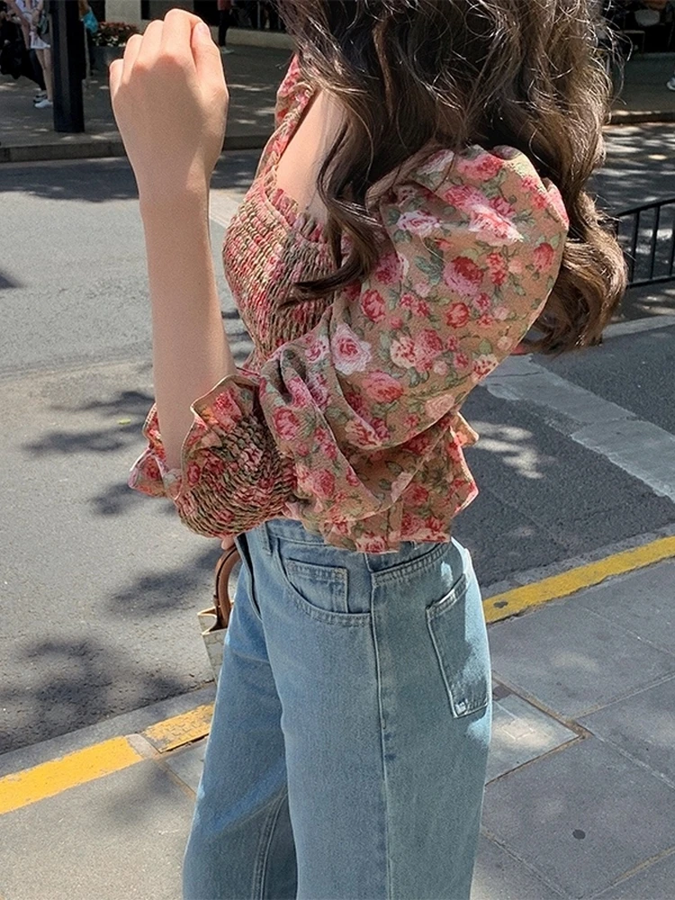 

Сексуальный женский топ с цветочным принтом ort Bubble Sve, новинка лета Sle Fairy Aosphere Angpin, красивая блузка Fairy Sle