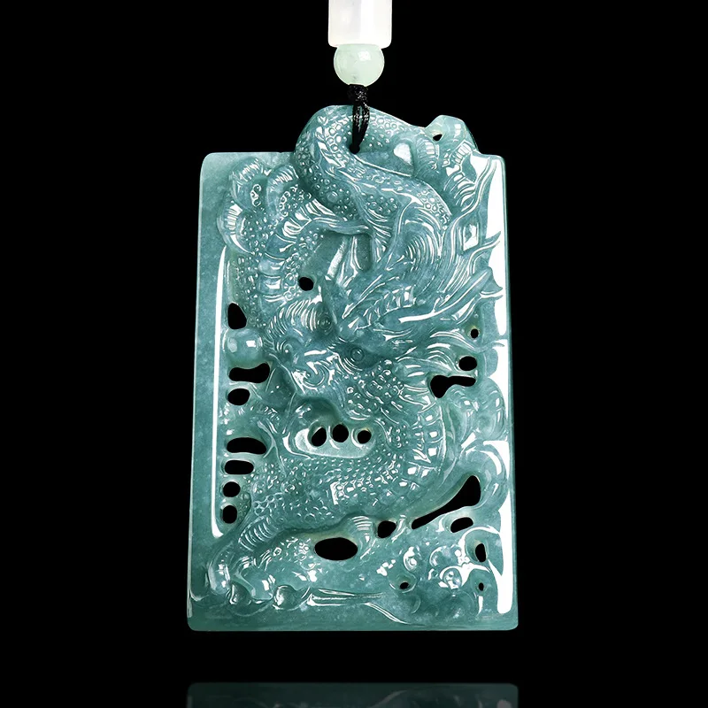 

Authentic Natural A-grade Jade Blue Water Hollow Out Domineering Dragon Brand Zodiac Pendant Ice Jadeite For Men Women's Jewelry