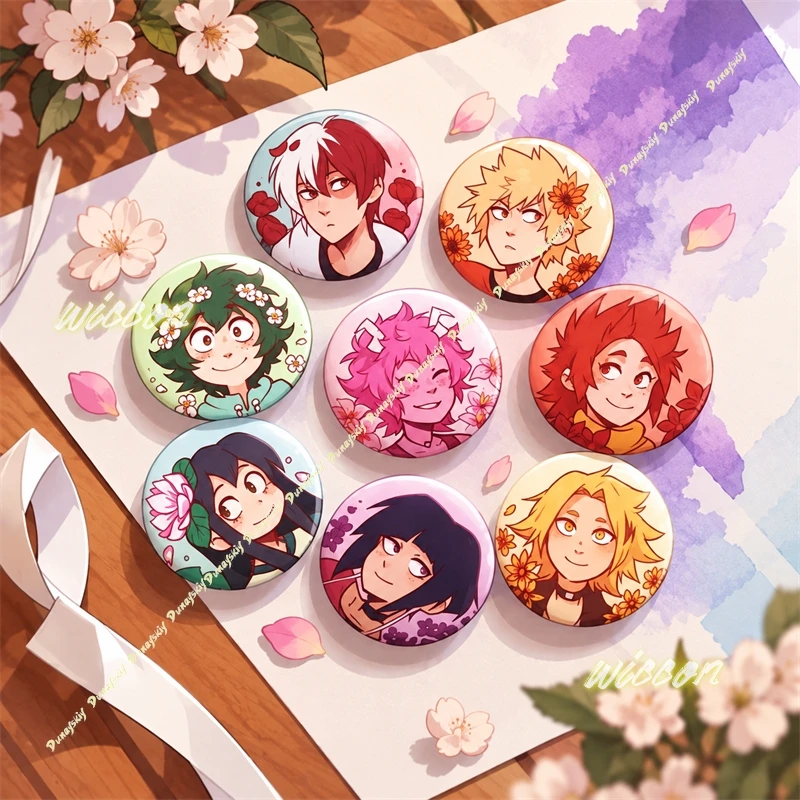 Flower Portrait Kawaii MHA Anime Hero Badge Pins Colorful Cartoon Character Brooch Student School Bag Pendant Cute GiftHalloween