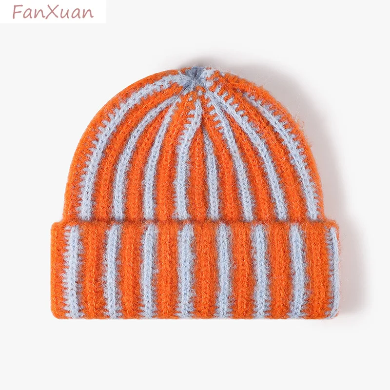 new beanies hats for women knitted striped red pink yellow orange winter hats caps double layers thickened