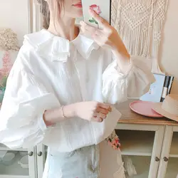 Spring Clothing With Ruffled Edge Lantern Sleeves, Loose Cotton Linen White Shirt, Quarter Sleeved Shirt, Top For Women