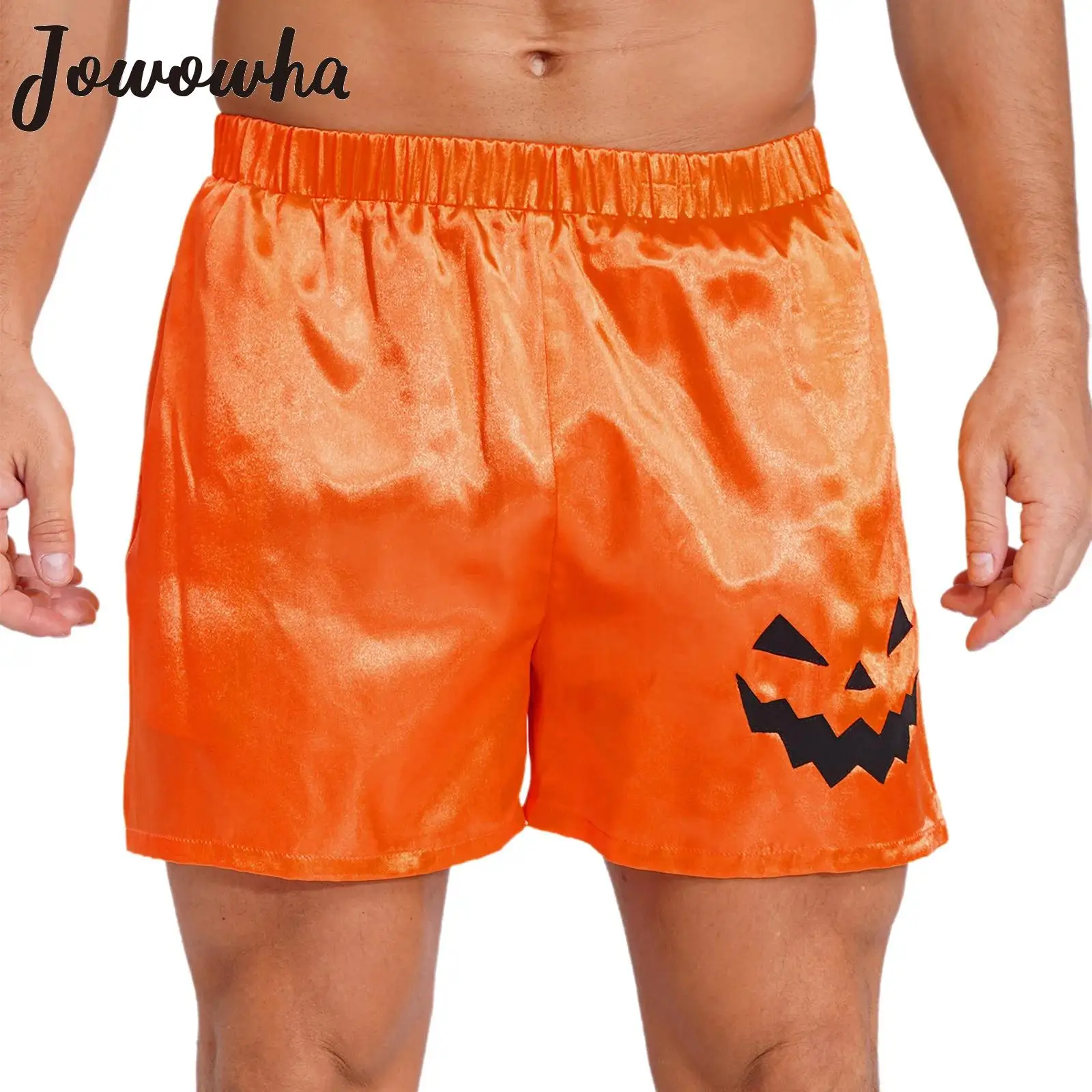 Mens Satin Boxers Shorts Halloween Pumpkin Face Print Elastic Waistband Casual Shorts Silky Pajama Shorts Sleepwear Nightwear