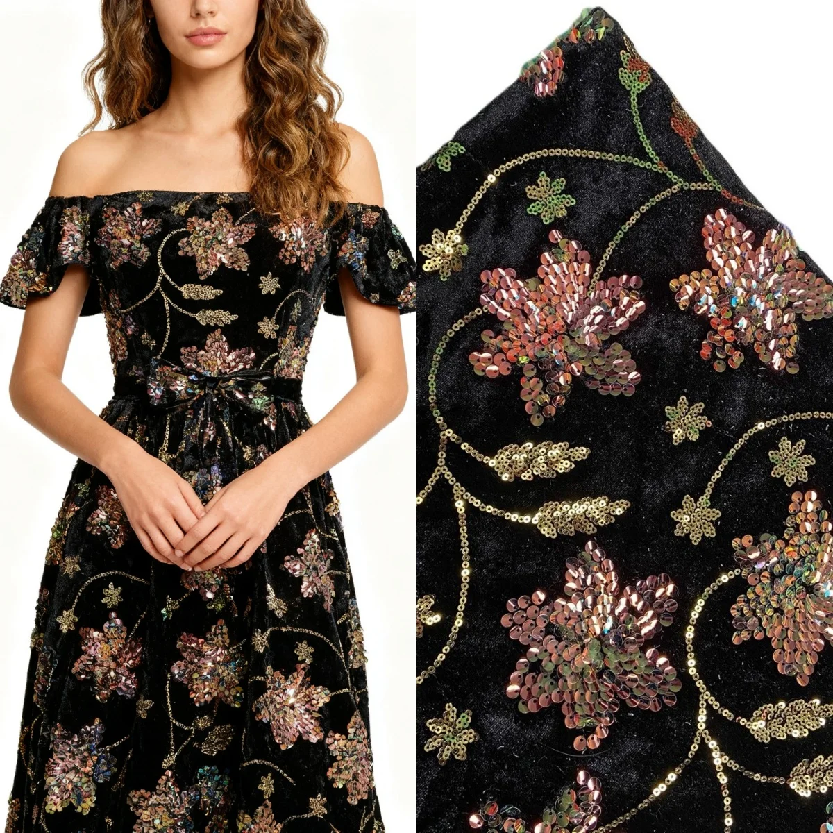 

Gold velvet sequin embroidery handmade DIY sparkling embroidery fabric sewing evening dress stage clothing fabric