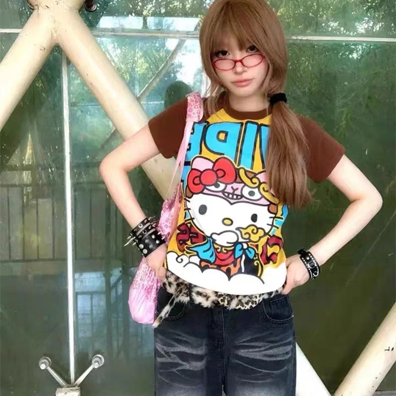 

Y2k Sanrio Hello Kitty, новые модные короткие топы в стиле аниме, летние милые футболки с мультяшным принтом, готические короткие футболки Hottie