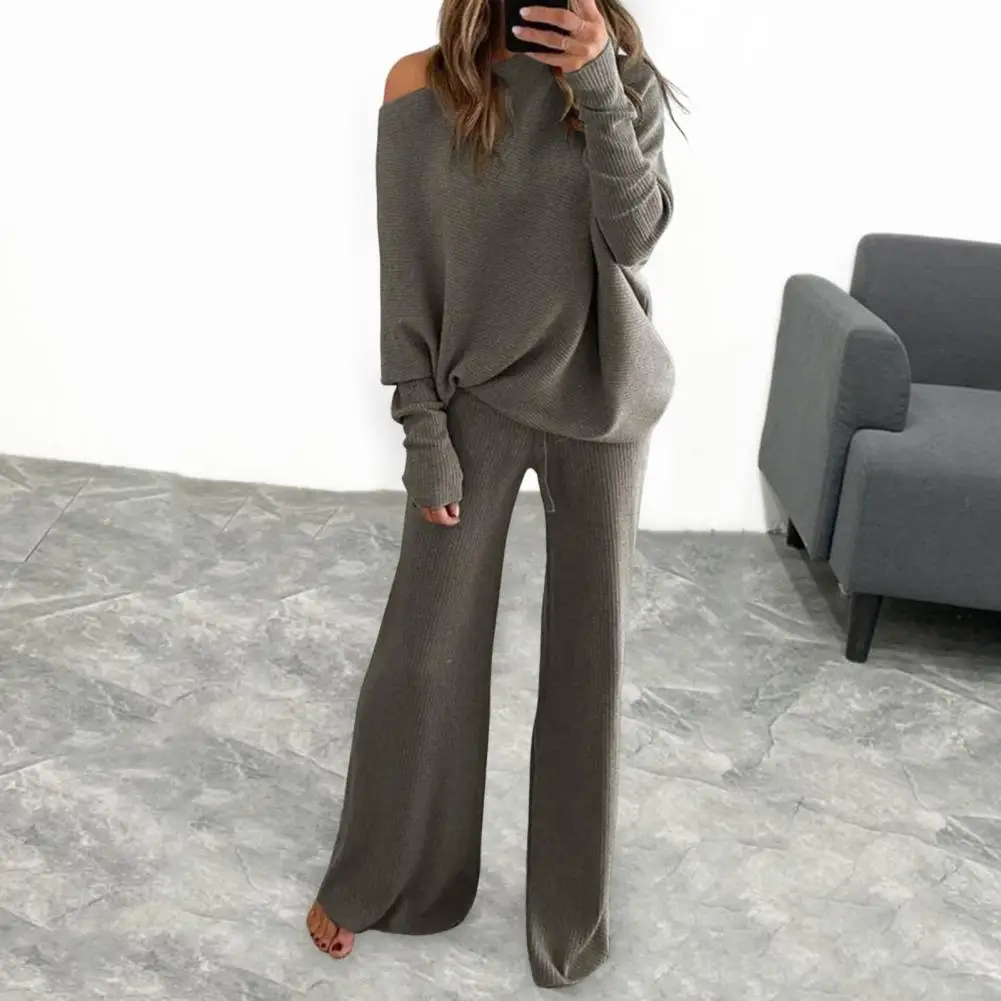 2023 Autumn Women Knitted Suit Loose Knit Women\'s Pantsuit Solid Warm Long Sleeve Casual Soft Sweater Sets for Women 2 Piece New