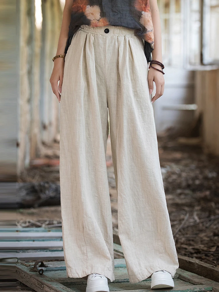 

Women Cotton Linen Casual Trousers New 2025 Spring Simple Style Solid Color Loose Comfortable High Waist Wide Leg Pants T554