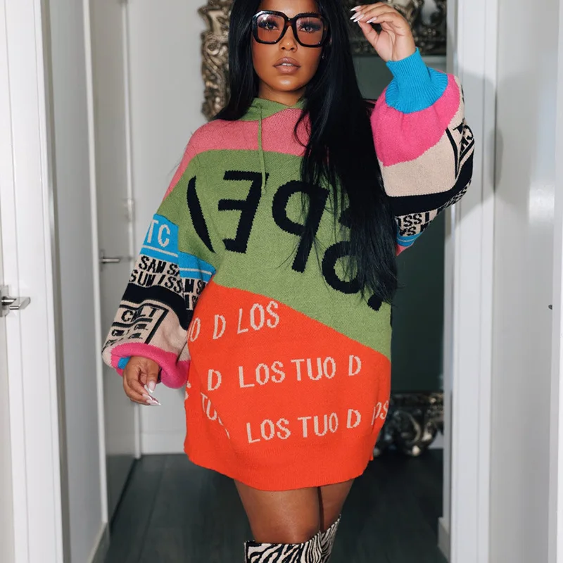 Leosoxs Autumn Winter Women Sweaters O Neck Long Sleeve Hooded Color Block Pullover Letter Print Oversized Sweater Streetwear