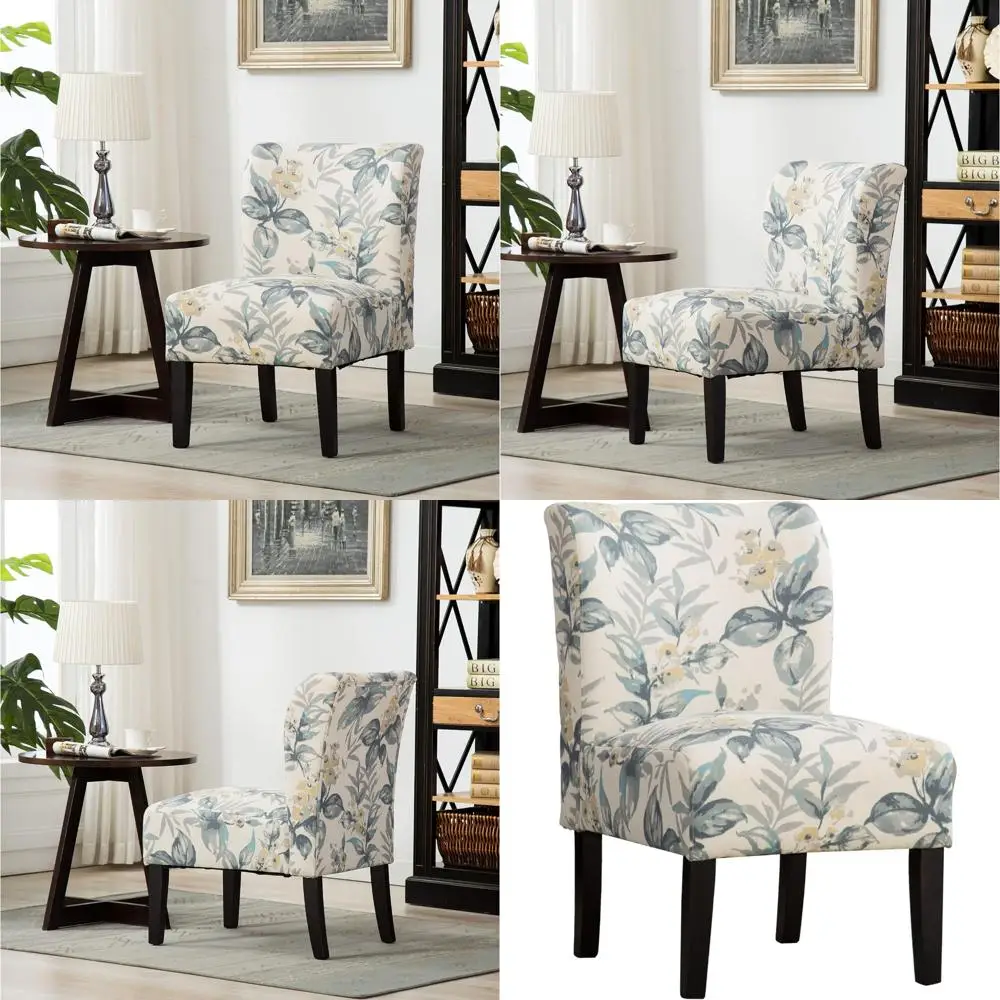 

Blue Leaves Print Fabric Armless Modern Accent Chair, Contemporary Style