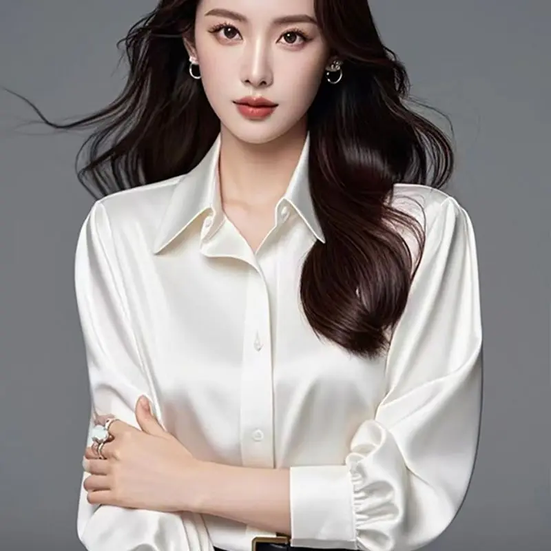2025 Autumn High-Grade Heavy Acetate Satin Shirt Women's Long Sleeve Versatile Professional Loose Formal Shirts Ladies Blouses