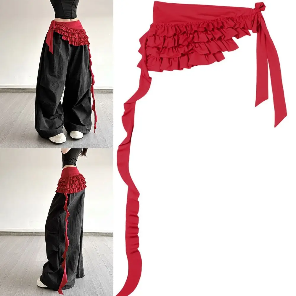 

Jeans Pants Decor Embroidered Flower Lace Mini Skirt Irregular See Through Ruched Skirts High Waist Lace-up Design Butt Curtain