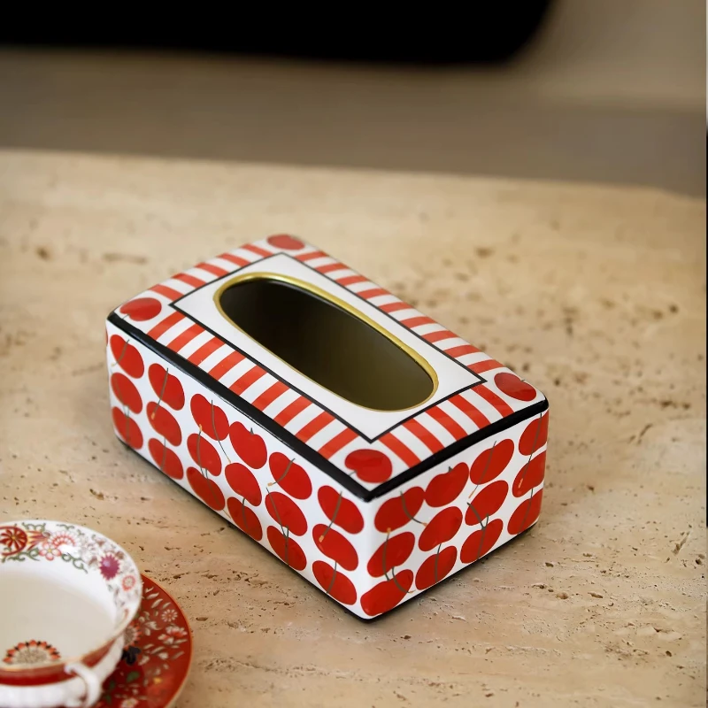 

Red Hand-Painted Ceramic Tissue Box Living Room Coffee Table Ornament Home Napkin Holder Storage Entrance Vase Decoration