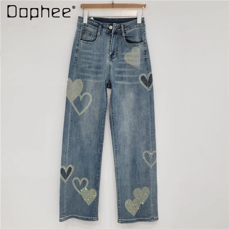 

Heart-shaped Rhinestone Jeans for Women 2025 Autumn New Elastic Fashion High Waist Loose Slimming Draped Straight Wide-leg Pants