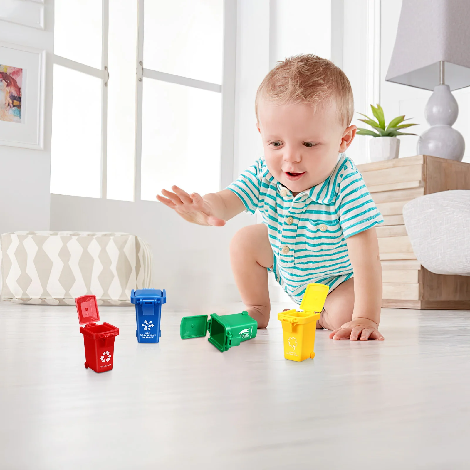 

4 Pcs Flip Sliding Children Trash Mini Garbage Container Kids Learning Recycling Toddler Educational Plaything Building