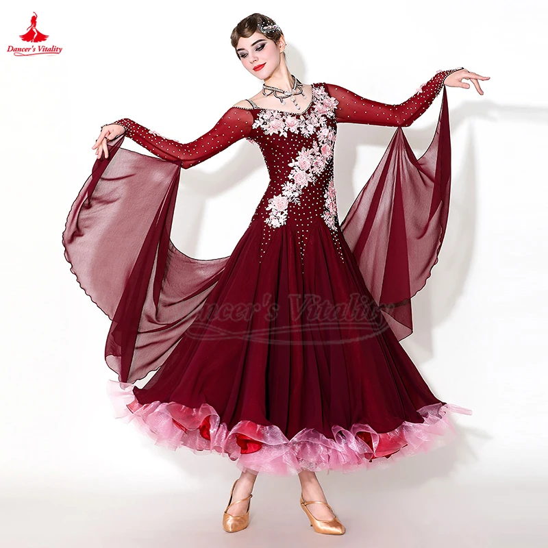 ผู้ใหญ่หญิงสังคมเต้นรํา AB หินแขนยาว Big Swing Waltz Foxtrot Quickstep มาตรฐานห้องบอลรูมการแข่งขันเสื้อผ้า